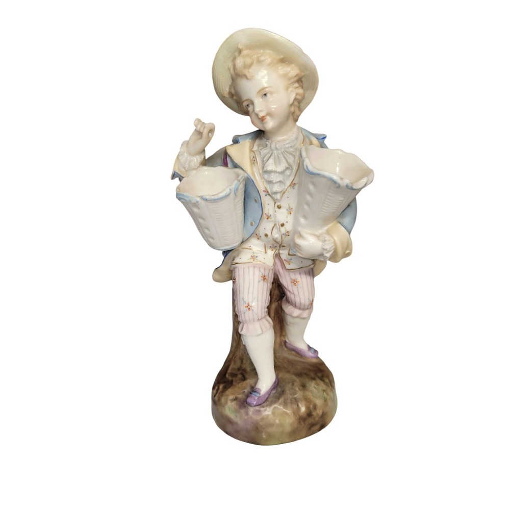 Antique Volkstedt‎ Porcelain Figurine Boy with Baskets Double Spill Vase